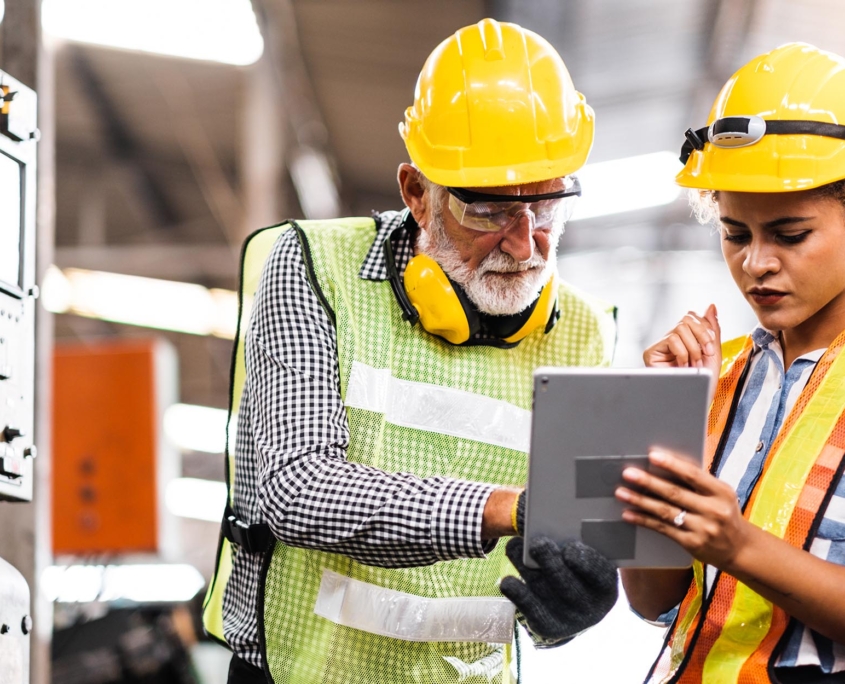 Two people looking at tablet in manufacturing facility